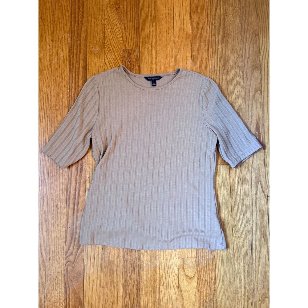 Banana Republic Ribbed Elbow Sleeve Crew Neck Top Taupe Beige Size S